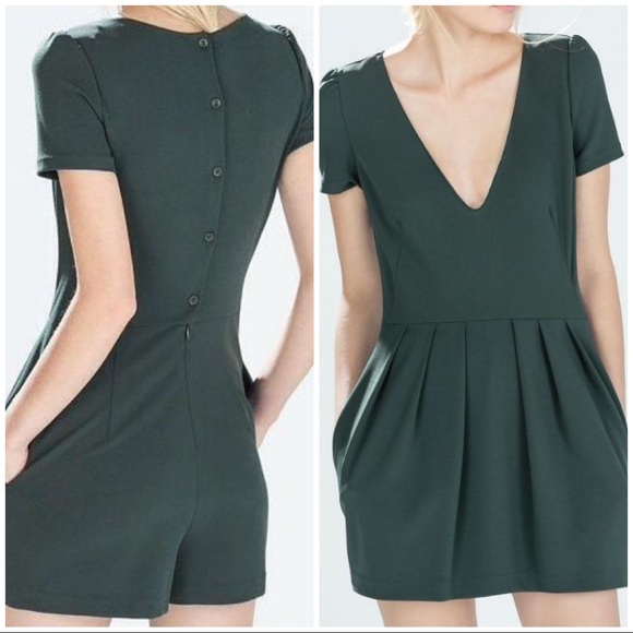 Zara Pants - ZARA Forest Green V-neck Pleated Romper Dress Size XS